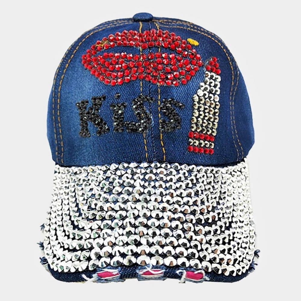 Blue Denim KISS Silver Rhinestone LipStick Mouth Crystal Brim Baseball Cap Hat